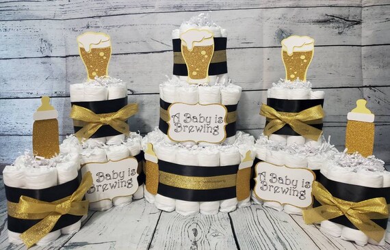 3 Tier Diaper Cake 5 piece set - A Baby is Brewing Theme - Black and Gold Baby Bottle Baby Shower Centerpiece Pink and Blue