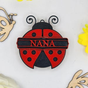 May include: A red and black ladybug ornament with the word "NANA" written on it. The ladybug has black spots and white antennae.