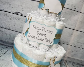 3 Tier Diaper Cake - Some Bunny Sweet is on their way Theme - Blue Pink White Chocolate Brown and Gold Bunny Baby Shower Centerpiece