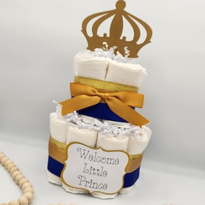 2 Tier Diaper Cake - Royal Blue Prince Theme Diaper Cake for Baby Boy Shower Centerpiece