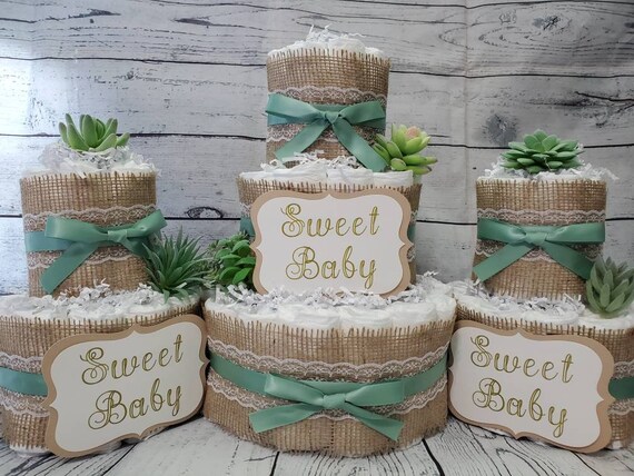 3 Tier Diaper Cake 3 piece set - Succulent theme Eucalyptus Green with Burlap Diaper Cake for Baby Shower / Neutral Shower Centerpiece / Cus