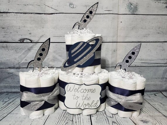 2 Tier Diaper Cake and mini 3 piece set - Welcome to World Outer Space Burlap Navy and Silver Saturn and Rockets Baby Shower Centerpiece