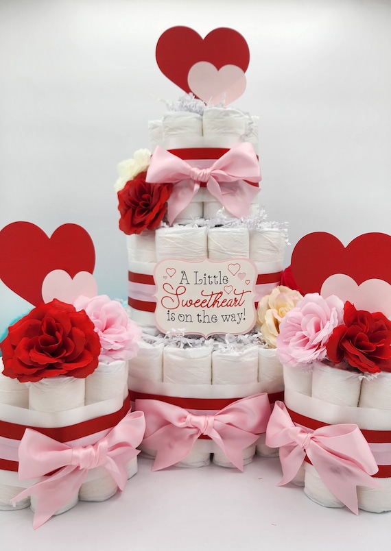 3 Tier Diaper Cake and mini 3 piece set - A Little Sweetheart is on the Way Valentines Diaper Cake for Baby Shower Red Pink and White Hearts