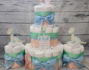 Dinosaur Theme - Blue Green Peach Dino Baby Shower Centerpiece - 3 Tier Diaper Cake and mini 3 piece set - Virtual Baby Shower RAWR Means