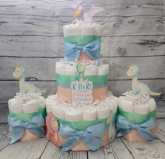 Dinosaur Theme - Blue Green Peach Dino Baby Shower Centerpiece - 3 Tier Diaper Cake and mini 3 piece set - Virtual Baby Shower RAWR Means