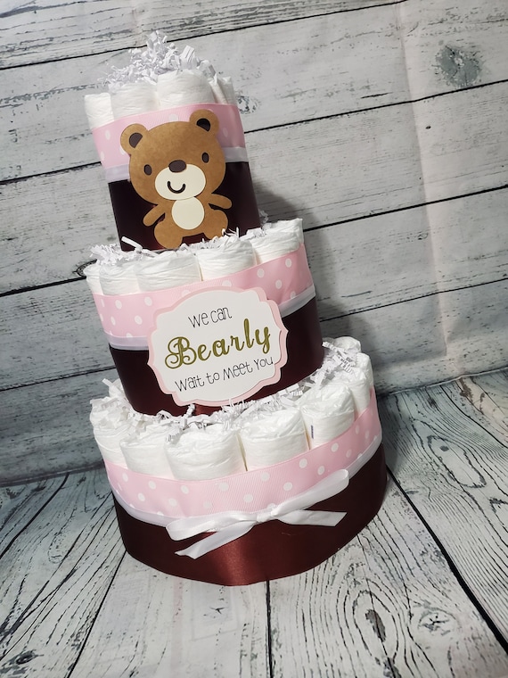 3 Tier Diaper Cake - Teddy Bear Theme Blue Pink Peach White and Brown Diaper Cake for Baby Shower Centerpiece