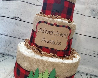3 Tier Diaper Cake - Adventure Awaits Woodland Theme - Red and Black Buffalo Check Bear and Deer Baby Shower Centerpiece