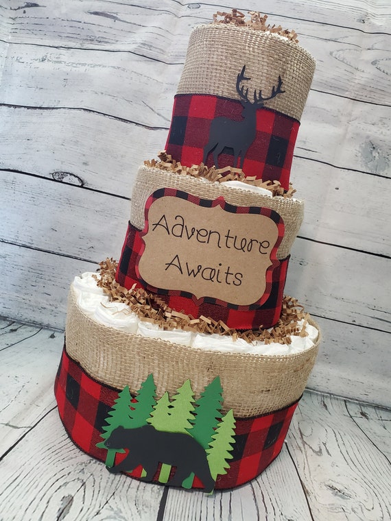 3 Tier Diaper Cake - Adventure Awaits Woodland Theme - Red and Black Buffalo Check Bear and Deer Baby Shower Centerpiece