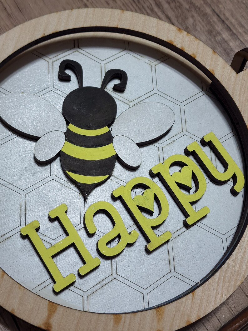 BEE Happy Theme Round INSERT ONLY 6 Home Decor, Baby Shower sign, fits in Interchangable frame, Yellow and Black with White image 5