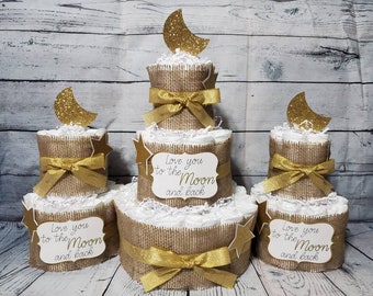 3 Tier Diaper Cake 3 piece set w 2 tiers - Love you to the moon and Back Theme Silver Navy Blue Burlap and Gold Moon and Stars Baby Shower