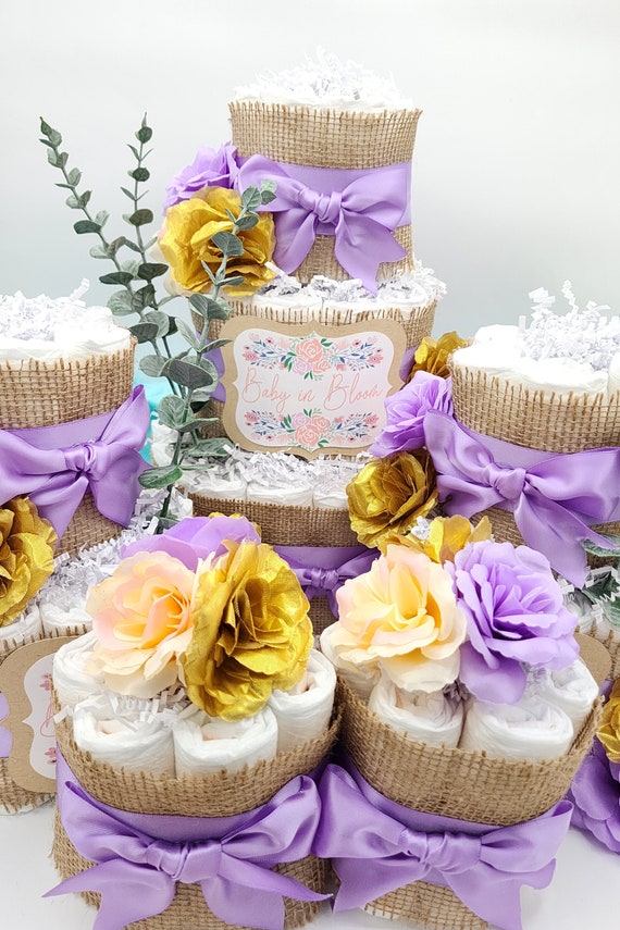3 Tier Diaper Cake 5 piece set - Baby in Bloom Spring Theme with Burlap Diaper Cake for Baby Shower Lilac Sea Green Blush Pink with Flowers