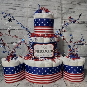3 Tier Diaper Cake and mini 3 piece set - Red White Blue Firecracker theme Diaper Cake for Baby Shower /4th of July Shower Centerpiece Stars