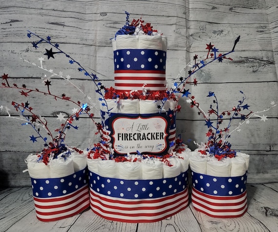 3 Tier Diaper Cake and mini 3 piece set - Red White Blue Firecracker theme Diaper Cake for Baby Shower /4th of July Shower Centerpiece Stars