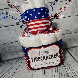 3 Tier Diaper Cake 3 piece set Red White Blue Firecracker theme Diaper Cake for Baby Shower / 4th of July Shower Centerpiece Stars Stripes image 6