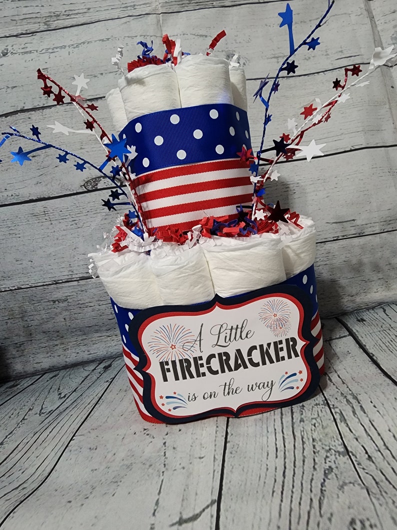 3 Tier Diaper Cake 3 piece set Red White Blue Firecracker theme Diaper Cake for Baby Shower / 4th of July Shower Centerpiece Stars Stripes image 6