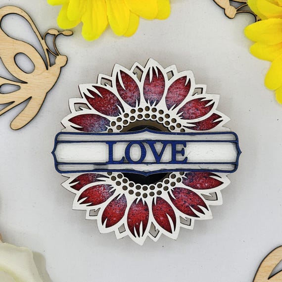 Love Sunflower Car Vent Clip with Diffuser foam pad Red White Blue - Simple Gifts, 3" Wood decor, Mothers Day Gift Grandparents Gift Home