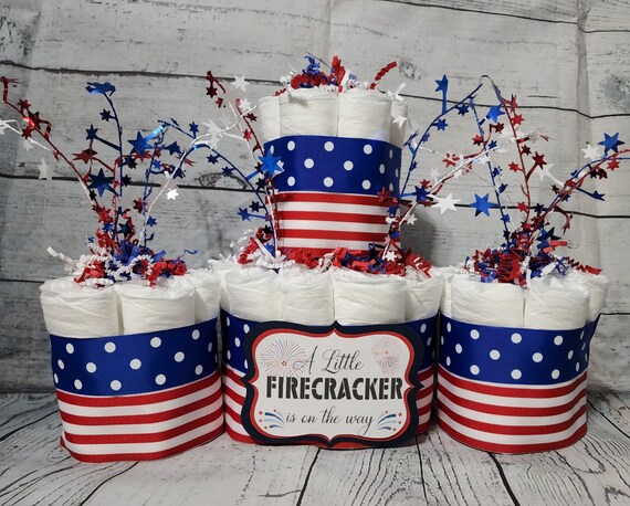2 Tier Diaper Cake and mini 3 piece set - Red White Blue Firecracker theme Diaper Cake for Baby Shower/4th of July Shower Centerpiece Stars