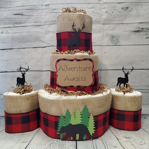 Adventure Awaits Woodland Theme 2 Tier Diaper Cake Red and Black Buffalo Check Bear and Deer Baby Shower Centerpiece