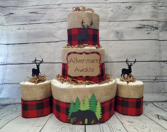 3 Tier Diaper Cake and mini 3 piece set - Adventure Awaits Woodland Theme - Red Black Buffalo Check Bear and Deer Baby Shower Centerpiece