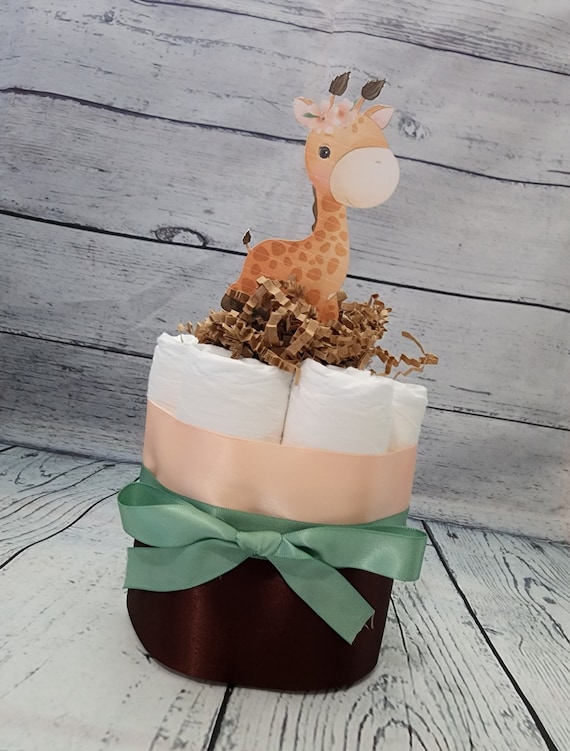 Mini Diaper Cake - Giraffe with Peach Brown and Sage Green Diaper Cake for Baby Shower / Sweet Baby Neutral Shower Centerpiece