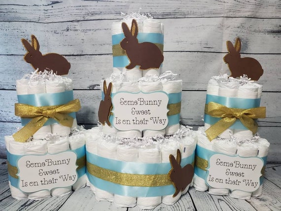 Some Bunny Sweet is on their way Theme - 3 Tier Diaper Cake 3 piece set - Blue Pink Brown White and Gold Bunny Baby Shower Centerpiece