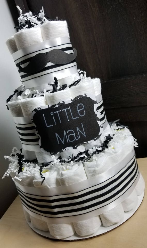 3 Tier Diaper Cake - Little Man Mustache Black and White Diaper Cake Baby Shower Centerpiece, Turquoise and Polka dot