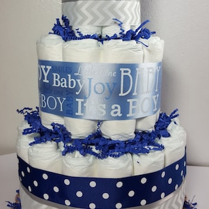3 Tier Diaper Cake: Blue, Silver Chevron - Baby Shower Centerpiece (50 Diapers)