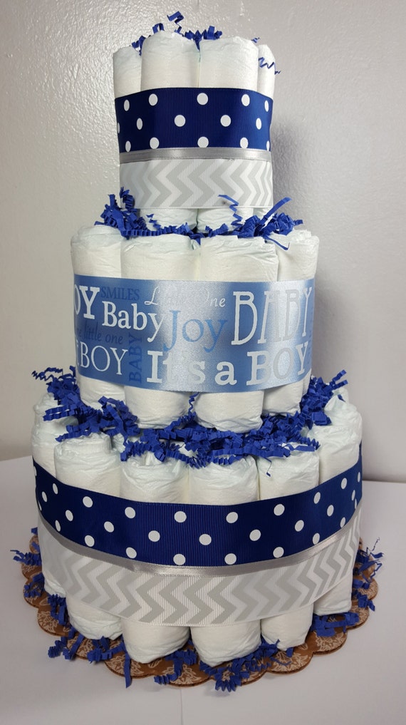 3 Tier Diaper Cake Blue Pink Silver Chevron It's a Boy Baby It's a Girl Baby Shower Centerpiece - Total of 50 Diapers