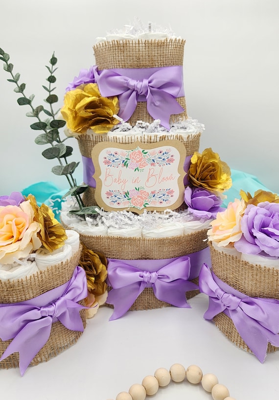 3 Tier Diaper Cake and mini 3 piece set - Baby in Bloom Spring Theme Diaper Cake for Baby Shower / Sea Green, Lilac Purple, Blush Pink