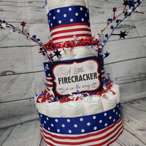 3 Tier Diaper Cake 3 piece set Red White Blue Firecracker theme Diaper Cake for Baby Shower / 4th of July Shower Centerpiece Stars Stripes image 3