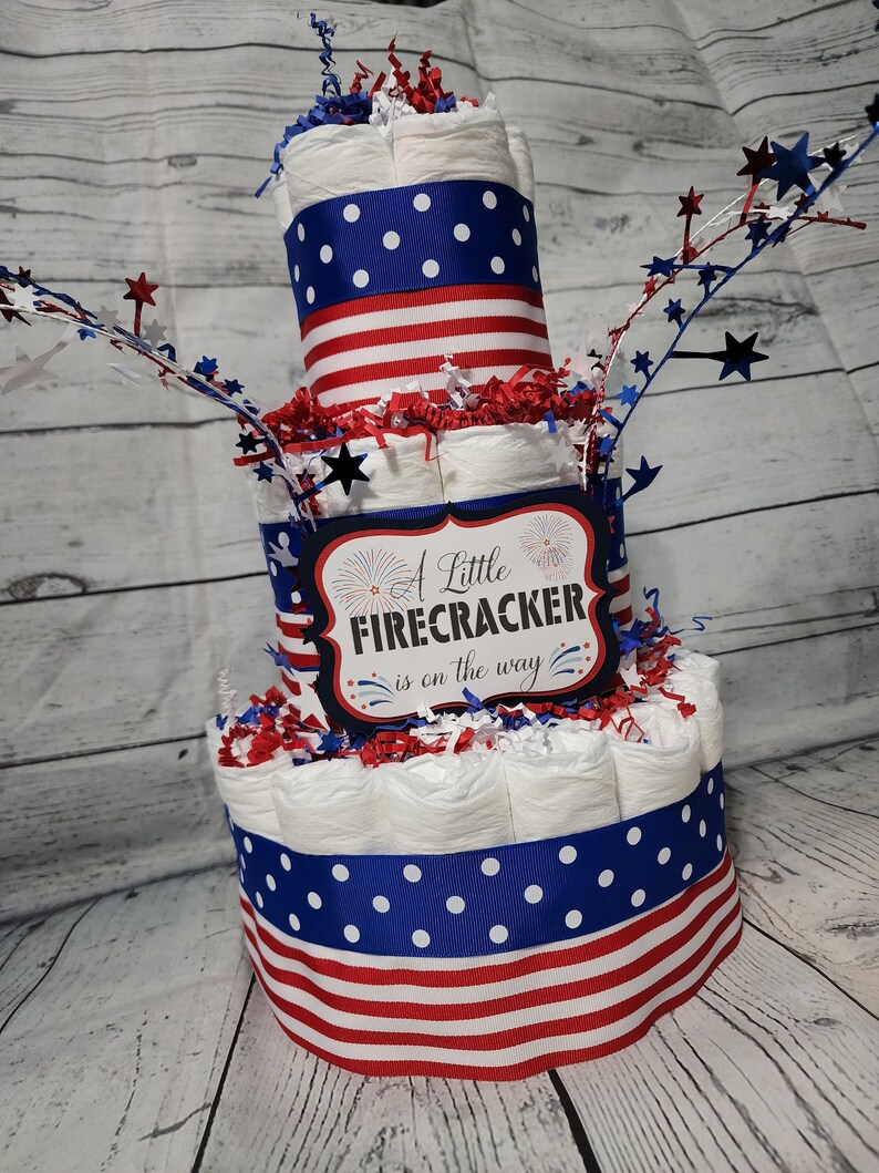 3 Tier Diaper Cake 3 piece set Red White Blue Firecracker theme Diaper Cake for Baby Shower / 4th of July Shower Centerpiece Stars Stripes image 3