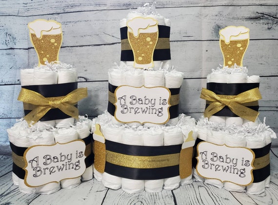 3 Tier Diaper Cake 3 piece set - A Baby is Brewing Theme - Pink Blue Black and Gold Baby Bottle Baby Shower Centerpiece