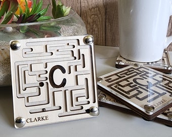 Customized Maze Coasters - Father's Day Gift - Engraved Family Names - Personalized with Family Name - Natural Acrylic Coaster Maze Puzzles