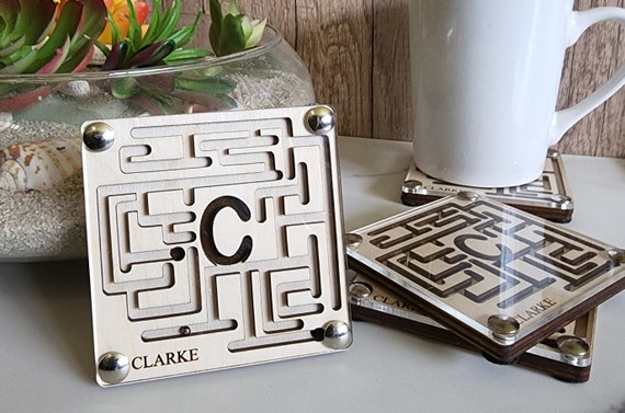 Customized Maze Coasters - Father's Day Gift - Engraved Family Names - Personalized with Family Name - Natural Acrylic Coaster Maze Puzzles