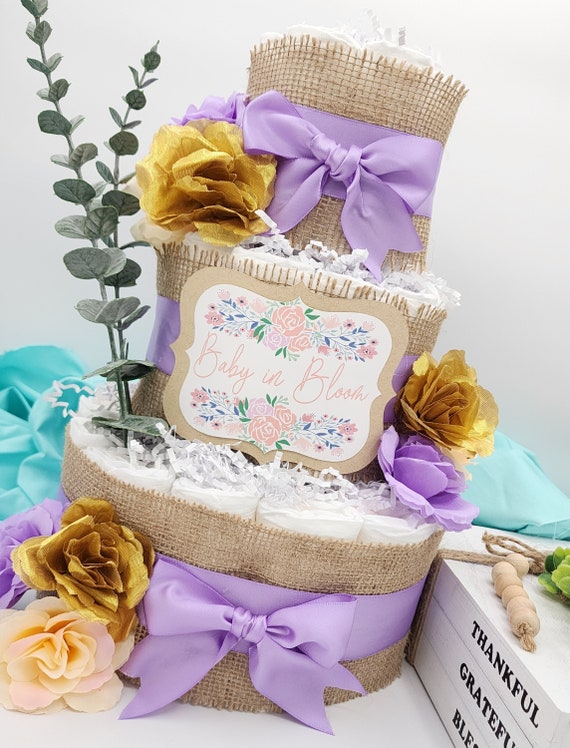 3 Tier Diaper Cake - Baby in Bloom Spring Theme with Lilac Purple, Sea Green and Blush Pink with Flowers Shower Centerpiece
