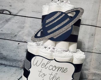 Welcome to World Outer Space Theme Navy and Silver Saturn Burlap - 2 Tier Diaper Cake - and Rockets Baby Shower Centerpiece