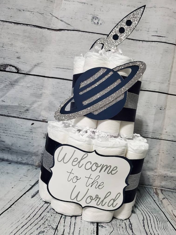 Welcome to World Outer Space Theme Navy and Silver Saturn Burlap - 2 Tier Diaper Cake - and Rockets Baby Shower Centerpiece