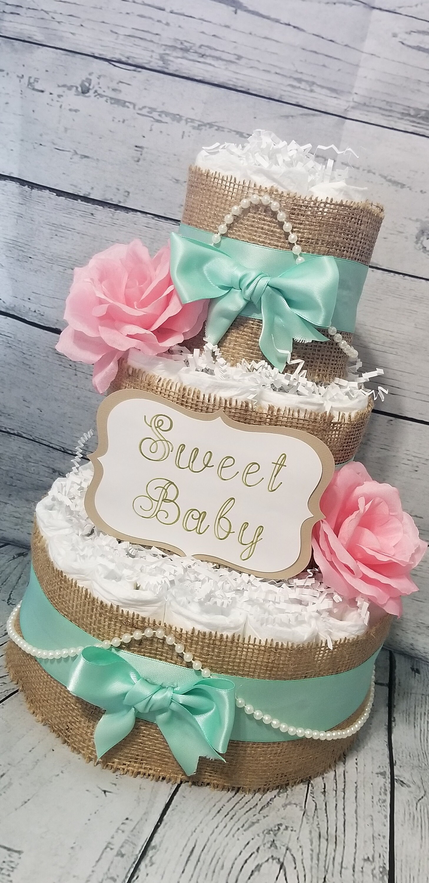 Girl Diaper Cake 3 Tier Diaper Cake Greenery Diaper Cake Floral Diaper Cake Mauve Diaper Cake Burlap Diaper Cake