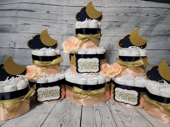 3 Tier Diaper Cake 5 piece set - Twinkle Twinkle  Diaper Cake Navy Blue and Gold Peach/ Star Diaper Cake / Navy Blue Diaper Cake