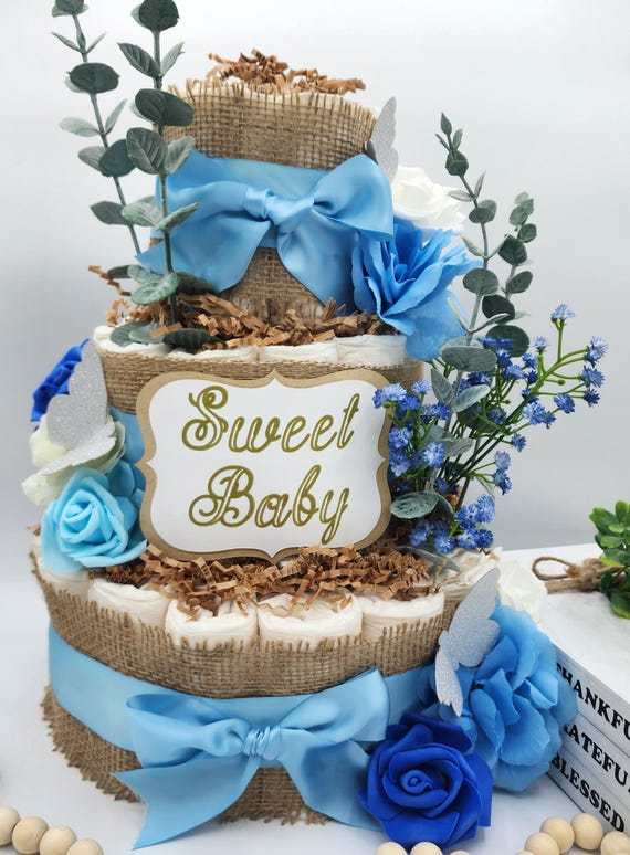 Enchanted 3 Tier Diaper Cake - Blue Silk Flower Baby Shower Centerpiece