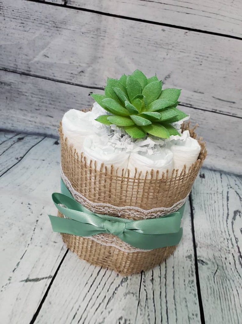 2 Tier Diaper Cake and mini 3 piece set Succulent theme Eucalyptus Green with Burlap Diaper Cake for Baby Shower / Neutral Shower image 5