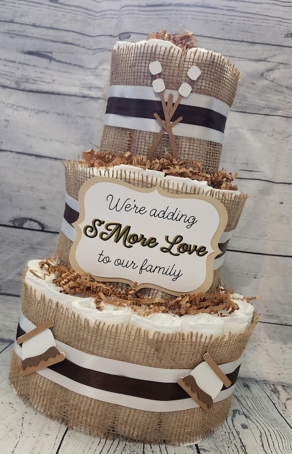 3 Tier Diaper Cake - S'More Love Theme - Chocolate Brown Marshmallow Smore with Burlap Campfire Baby Shower Centerpiece