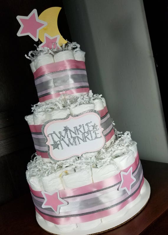 Twinkle Twinkle Blue and Gold with Moon and Stars 3 Tier Diaper Cake