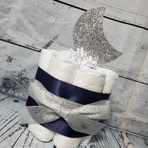 Mini Diaper Cake - Love you to the moon and Back Theme Burlap Gold Navy Blue and Silver Moon Baby Shower Centerpiece