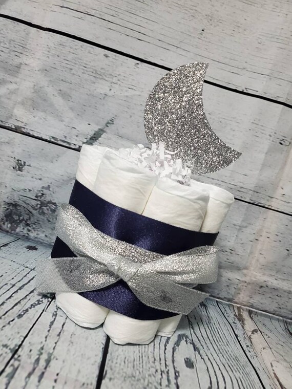 Mini Diaper Cake - Love you to the moon and Back Theme Burlap Gold Navy Blue and Silver Moon Baby Shower Centerpiece