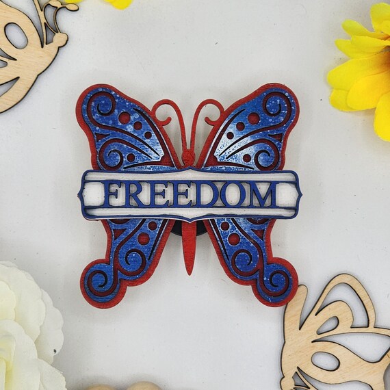Freedom Butterfly Car Vent Clip w Diffuser foam pad Red White Blue-Simple Gifts,3" Wood decor, Mothers Day Gift Grandparents Gift Home Decor