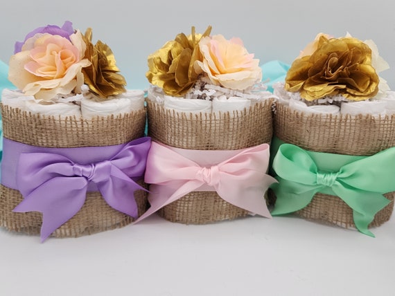 Mini Diaper Cake Baby in Bloom Spring Theme - Sea Green, Lilac Purple and Blush Pink color options with Flowers Baby Shower Centerpiece