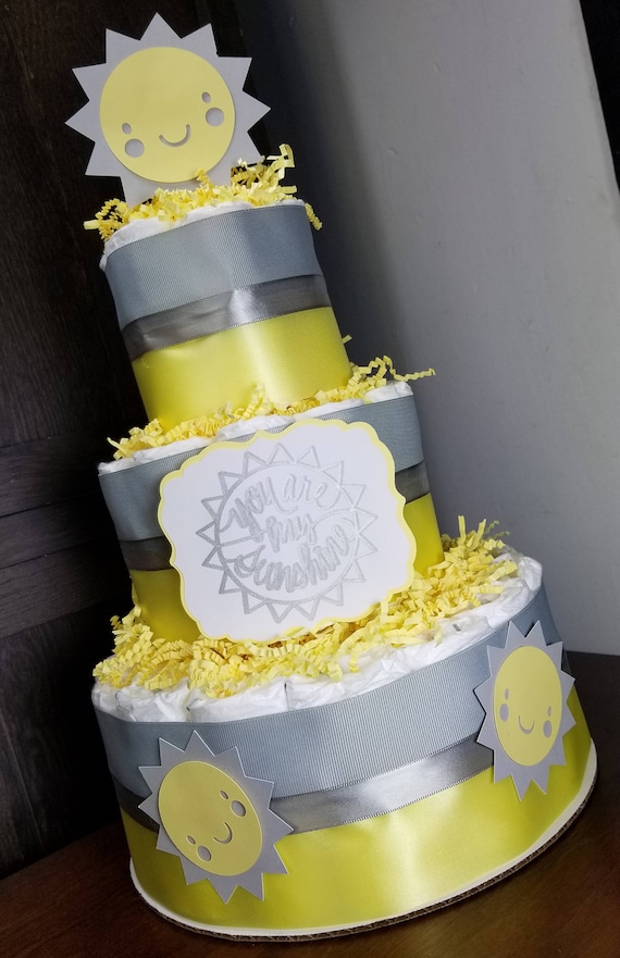 You are My Sunshine Diaper Cake Yellow and Gray - Sunshine Baby Shower Centerpiece 3 Tier Diaper Cake / Yellow and Silver Cake
