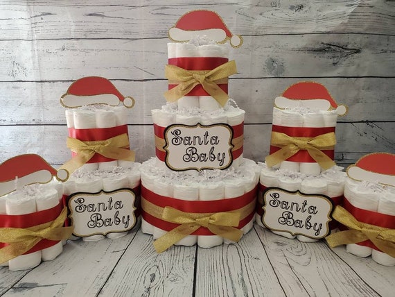 Santa Baby Theme Red and Gold, Red and White - 3 Tier Diaper Cake 5 piece set - Winter Theme Christmas Xmas Baby Shower Centerpiece