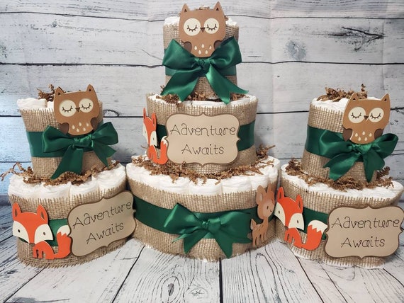 3 Tier Diaper Cake 3 piece set - Adventure Awaits Woodland Theme - Green and Brown Fox Deer Owl Baby Shower Centerpiece